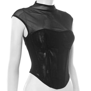 Mesh patchwork cap sleeve crewneck corset top