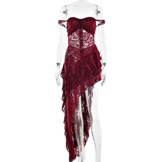 Lace ruffle irregular backless cami maxi dress