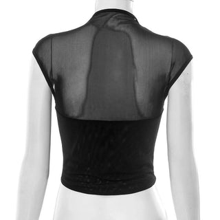 Mesh patchwork cap sleeve crewneck corset top