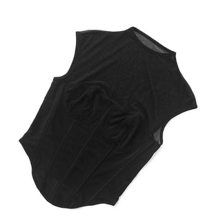 Mesh patchwork cap sleeve crewneck corset top