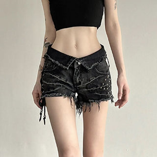 Lace up raw hem rivet denim shorts