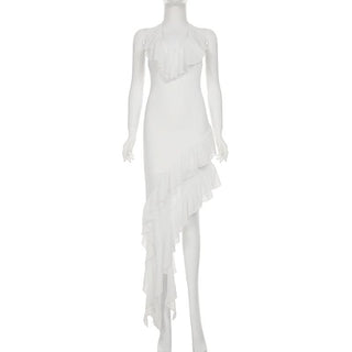Halter ruffle irregular self tie maxi dress