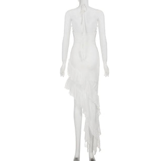 Halter ruffle irregular self tie maxi dress