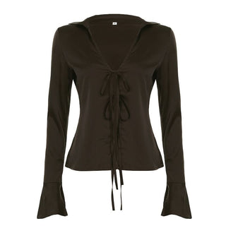 Turnover collar long flared sleeve self tie top