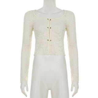 U neck long sleeve lace flower applique top