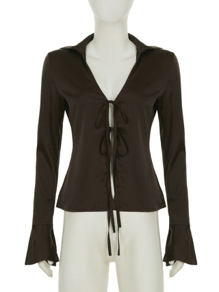 Turnover collar long flared sleeve self tie top