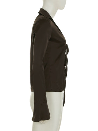 Turnover collar long flared sleeve self tie top