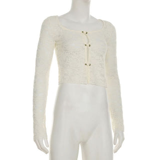 U neck long sleeve lace flower applique top