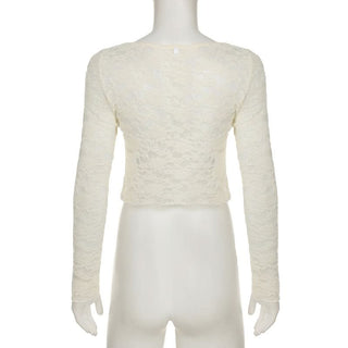 U neck long sleeve lace flower applique top