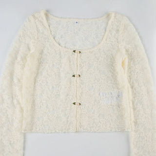 U neck long sleeve lace flower applique top