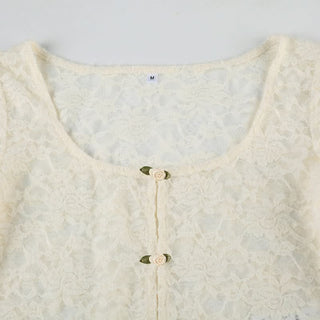 U neck long sleeve lace flower applique top