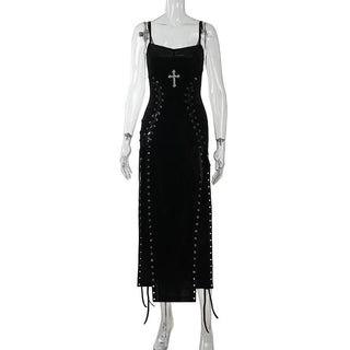 Lace up cross applique cami maxi dress