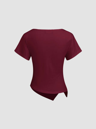 Cotton-blend Boat Neck Ruched Asymmetrical Hem Tee