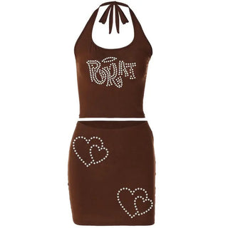 Halter print u neck backless tube mini skirt set