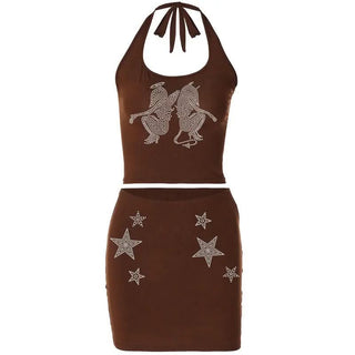 Halter print u neck backless tube mini skirt set