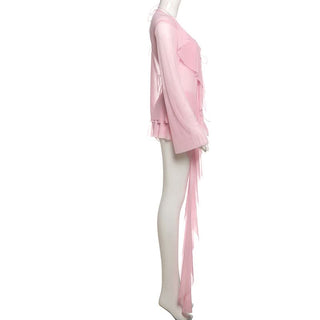 Mesh long sleeve v neck ruffle self tie mini skirt set