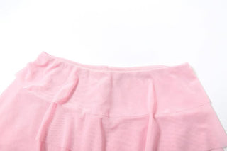 Mesh long sleeve v neck ruffle self tie mini skirt set