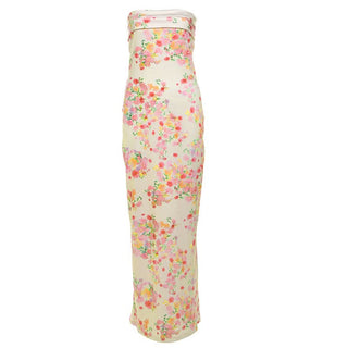 Ruched flower print backless tube maxi dress