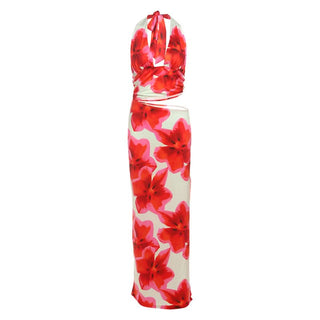 Self tie halter flower print hollow out cut out maxi dress