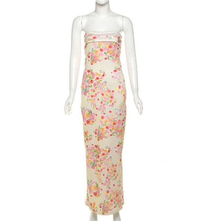 Ruched flower print backless tube maxi dress