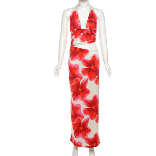 Self tie halter flower print hollow out cut out maxi dress