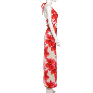 Self tie halter flower print hollow out cut out maxi dress