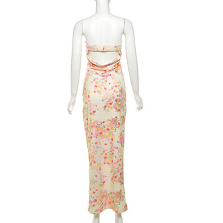 Ruched flower print backless tube maxi dress