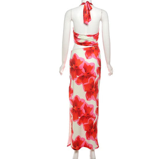 Self tie halter flower print hollow out cut out maxi dress