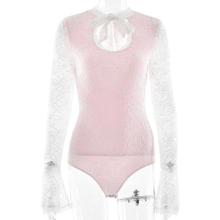 Long sleeve lace hollow out self tie bodysuit