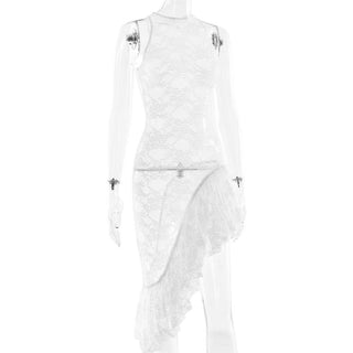 Lace irregular see though ruched mini dress