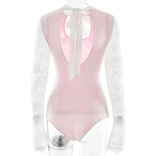 Long sleeve lace hollow out self tie bodysuit