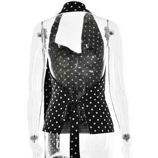 Polka dot halter buckle backless top