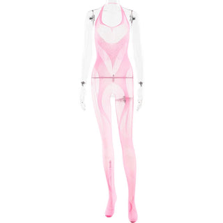 Halter open crotch fishnet beaded jumpsuit
