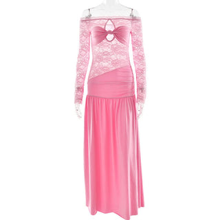 Long sleeve off shoulder hollow out lace slit cut out maxi dress