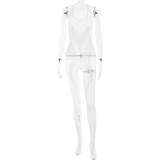 Halter open crotch fishnet beaded jumpsuit