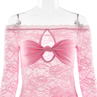 Long sleeve off shoulder hollow out lace slit cut out maxi dress