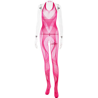 Halter open crotch fishnet beaded jumpsuit