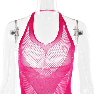 Halter open crotch fishnet beaded jumpsuit