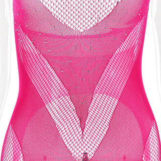 Halter open crotch fishnet beaded jumpsuit