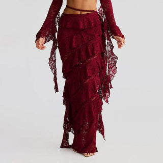Lace irregular ruffle maxi skirt