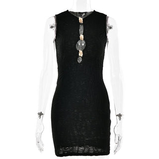 Sleeveless metal applique hollow out cut out mini dress