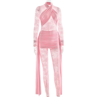 Long sleeve ruched lace patchwork jumpsuit
