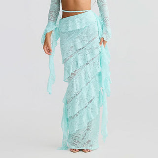 Lace irregular ruffle maxi skirt