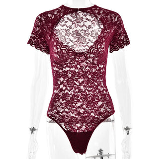 Short sleeve lace hollow out bodysuit