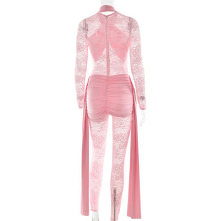 Long sleeve ruched lace patchwork jumpsuit