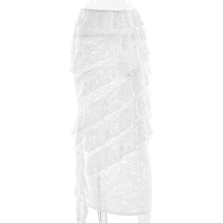 Lace irregular ruffle maxi skirt