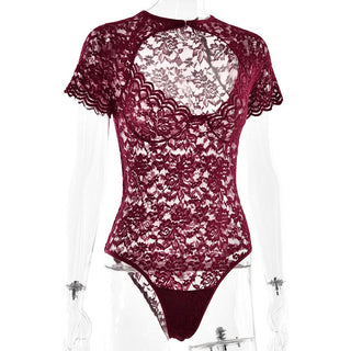 Short sleeve lace hollow out bodysuit