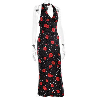 Polka dot flower print halter maxi dress