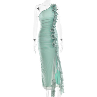 One shoulder ruffle slit mesh maxi dress