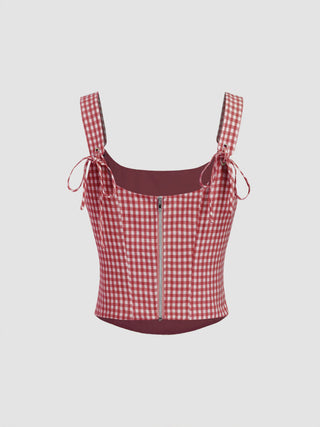 Valentine Woven U-neckline Gingham Bowknot Crop Tank Top & Low Rise Mini Skirt Set For Date